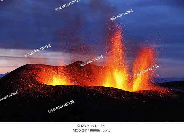 Molten lava erupts from Eyjafjallajokull Fimmvorduhals Iceland