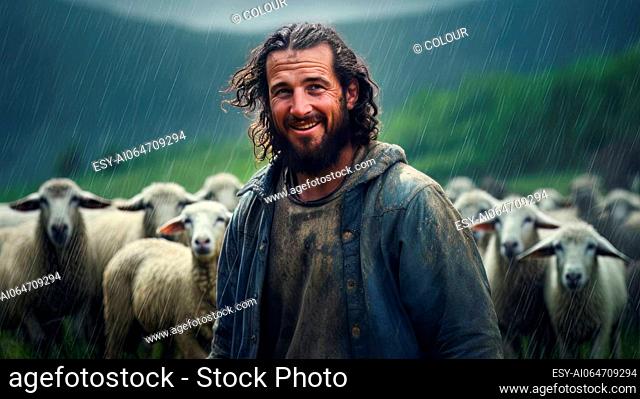 Attractive male shepard with dirty cloth and his flock of sheeps exposed to the cold and the rain - generated artificial art