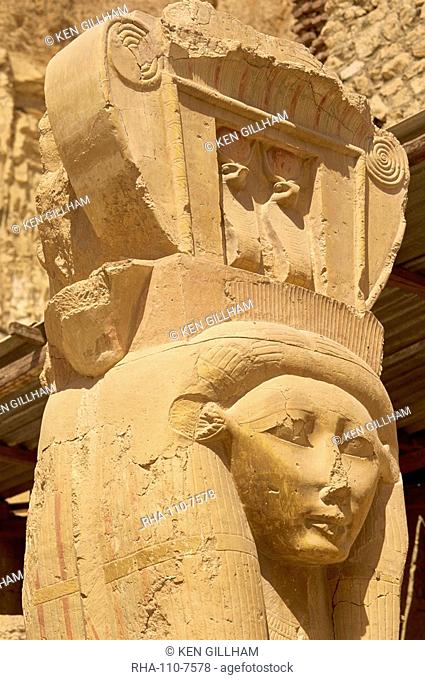 Detail of Hathor's face forming the capitals on the square pillars in the Chapel of Hathor, Hatshepsut's Temple, Deir el Bahri, Thebes