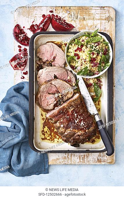 Roast lamb with date stuffing and mint couscous