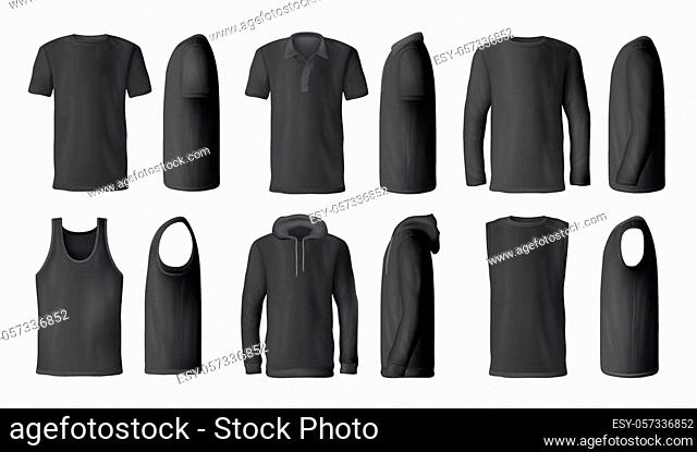 Man t-shirts, sport tank tops or hoodies and casual polo shirts mockup models. Vector isolated black menswear apparel, realistic blank front