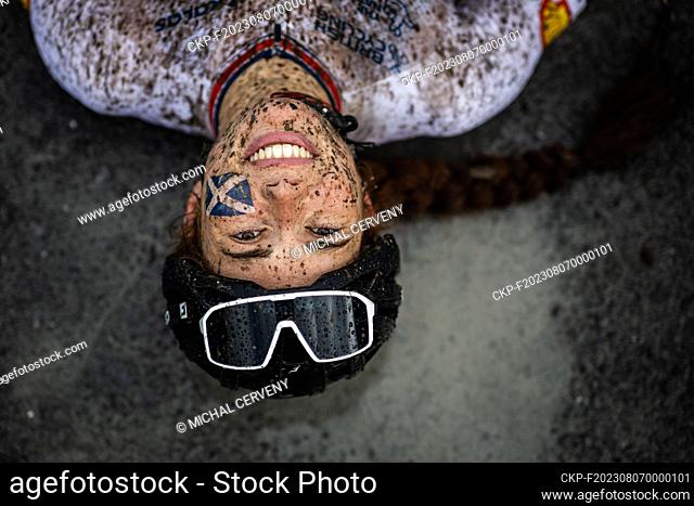 Biker Isla Short of Great Britain at the finish of Cross-Country Marathon race during the UCI Cycling World Championships Mountain Bike in Glasgow