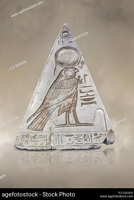 South face of Ancient Egyptian Pyramidion of Ramose with depictionof Horus, Limestone, New Kingdom, 19th Dtnasty (1292-1190 BC), Dier el-Medina