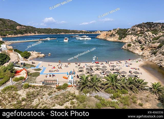 Aerial view of Spiaggia di Cala Spalmatore, a relaxed swimming, snorkeling & boating area with clear waters backed by cliffs on the island of La Maddelena in...