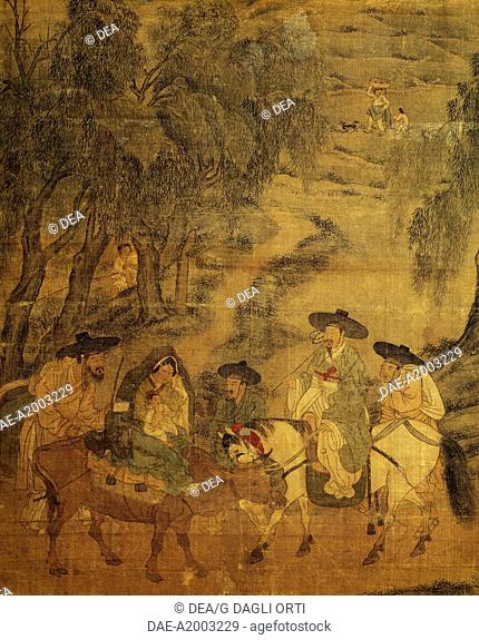 Meeting in the countryside, detail on screen with eight panels depicting moments of everyday life signed by Kim Hong-do (1745-1814), ink and colours on silk