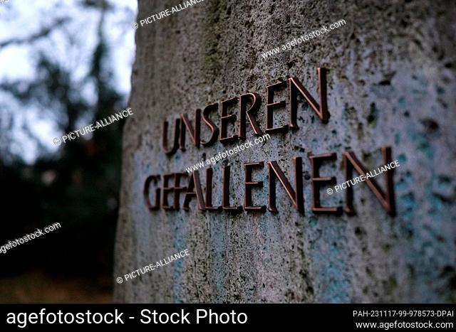 16 November 2023, Saxony, Leipzig: The inscription ""To our fallen"" on a memorial stone at the South Cemetery. The dead are commemorated in Germany on...