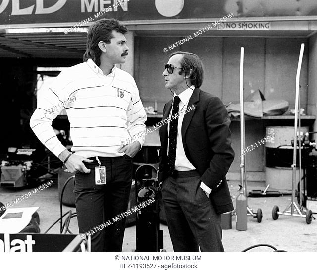 Gordon Murray (on the left) with Jackie Stewart, July 1984. Murray started out working in the drawing office of the Brabham factory