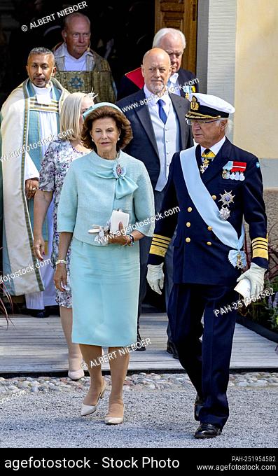 ??King Carl Gustaf and Queen Silvia of Sweden leave at the chapel of Drottningholm Palace in Stockholm, on August 14, 2021