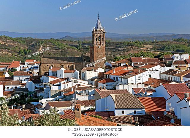 Panoramic view and Church of the Assumption -16th century, Zalamea la Real, Huelva-province, Region of Andalusia, Spain, Europe