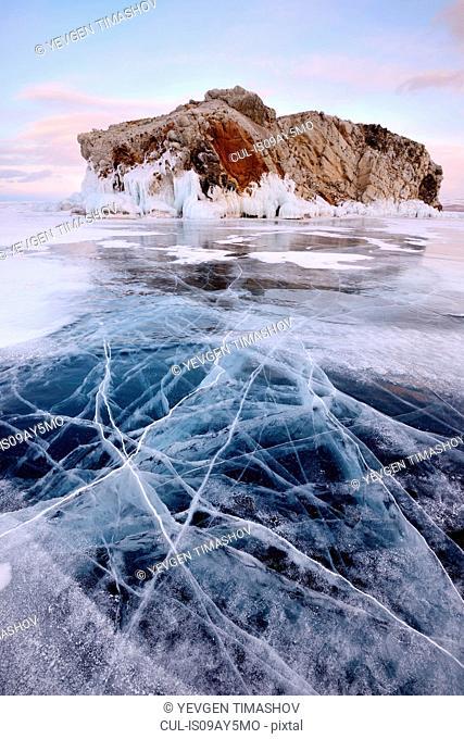 Borga-Dagan Island and frozen ice, Baikal Lake, Olkhon Island, Siberia, Russia