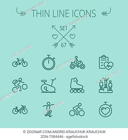 Sports thin line icon set for web and mobile. Set includes- stopwatch, skatboard, bicycle, mountain bike, motorbike, roller skate, heart and time, winners icons