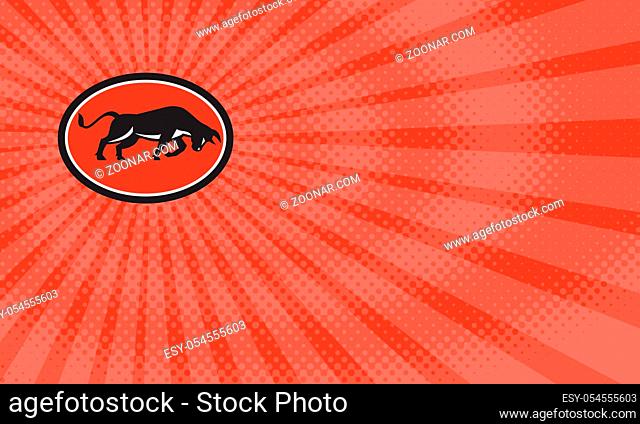 Business card showing Illustration of a bull attacking charging viewed from the side set inside oval shape done in retro style
