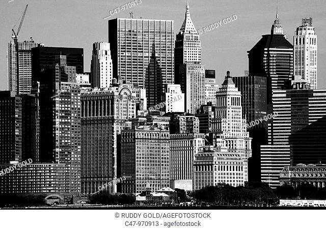 Skyline of Lower Manhattan with Battery Park on the foreground, New York City, USA