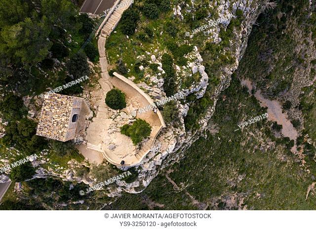 Aerial photography of the viewpoint of Ricardo Roca in Estellencs, Mallorca, Balearic Islands, Spain