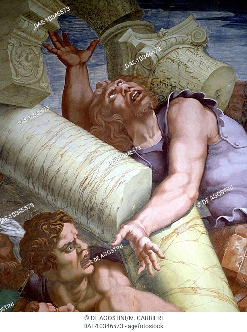 Rebel giants knocked down by the collapse of a building, 1532-1535, detail from a fresco by Giulio Romano (1499-1546), Chamber of the Giants, Palazzo Te