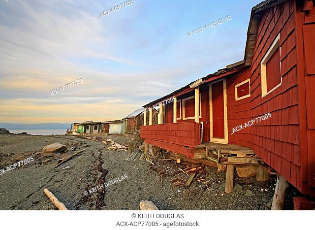 Old fishing cabins on 'Shack Island' near Pipers Lagoon Park, Nanaimo, BC, Canada