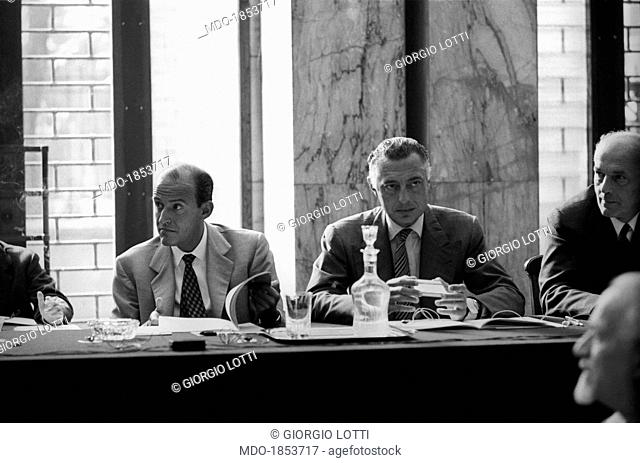 Italian industrialists Leopoldo Pirelli, president of Pirelli, and Gianni Agnelli, president of FIAT, attending a meeting of Montedison. Milan, 1967
