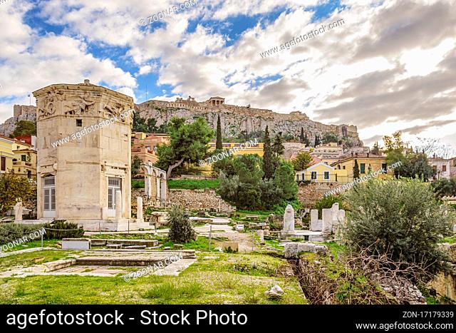 Famous ruins of ancient roman agora, athens city, greece
