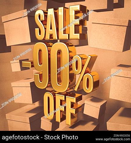Gold 90 Percent Off Discount 3d Sign with Packaging Boxes Sale Banner Template, Special Offer 90% Off Discount Tag, Golden Sale Sticker, Gold Sale Symbol