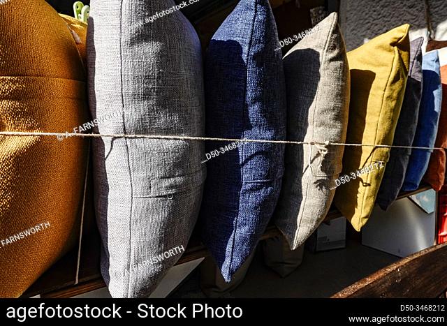 Tel Aviv, Israel Hand-made linen pillows on display at a store in Old Jaffa
