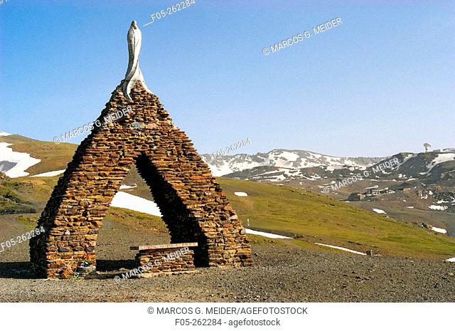 Monument to the Virgen de las Nieves, near the Pico Veleta. Sierra Nevada. Granada province. Andalusia. Spain