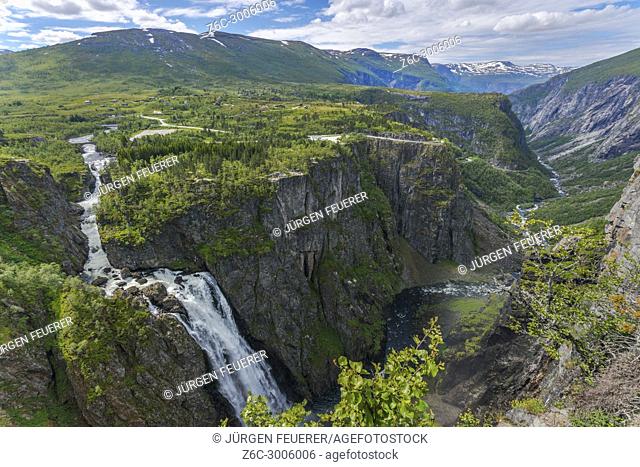 Waterfall Voringfossen and the canyon of Mabodalen, Norway, also Voringsfossen, panorama with plateau and mountain chain