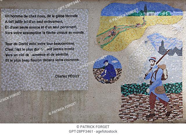 MOSAIC ON A CITY WALL REPRESENTING THE GREAT FIGURES WHO MARKED THE DEPARTMENT’S HISTORY, POEM BY THE WRITER CHARLES PEGUY, CHARTRES, EURE-ET-LOIR 28, FRANCE
