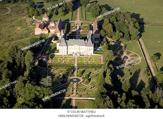 France, Saone-et-Loire, château de Dree and its formal gardens near the village of Curbigny restored in 1995 by current owner Ghislain Prouvost aerial view