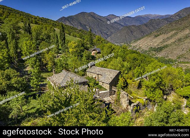 Aerial view of the church and village of Mallolís in Coma de Burg (Pallars SobirÃ , Lleida, Catalonia, Spain, Pyrenees)