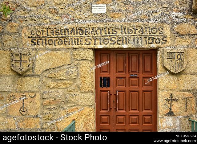Fermoselle, Santa Cruz hermitage. Facade with engravings. Arribes del Duero Natural Park, Zamora province, Castilla y Leon, Spain