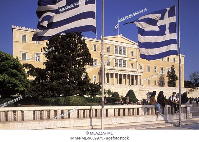 Syntagma square, Greek Parliament, flags  Athens, Attica, Greece