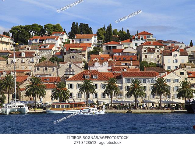 Croatia, Hvar, skyline, general view, harbor, boats