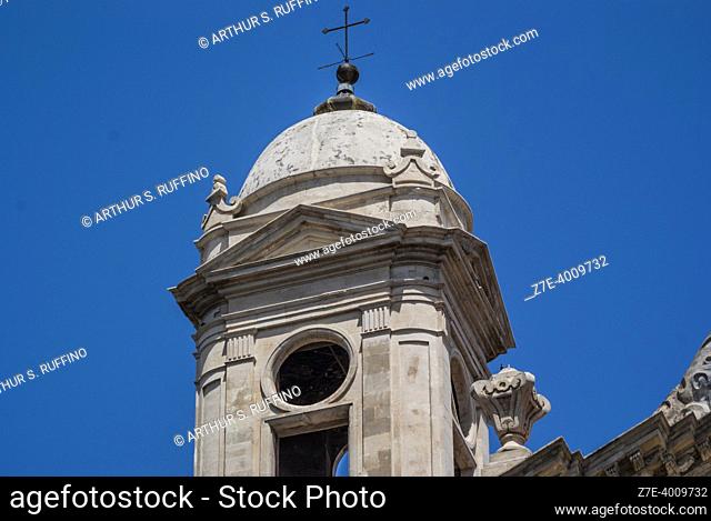 Bell Tower. Architectural detail. Church of St. Francis and of the Immaculate Conception, Piazza San Francesco. Metropolitan City of Catania, Sicily, Italy