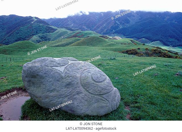 Battle Hill. Paekakariki. Site of last battle of land wars with Maori people. Carved flat stone