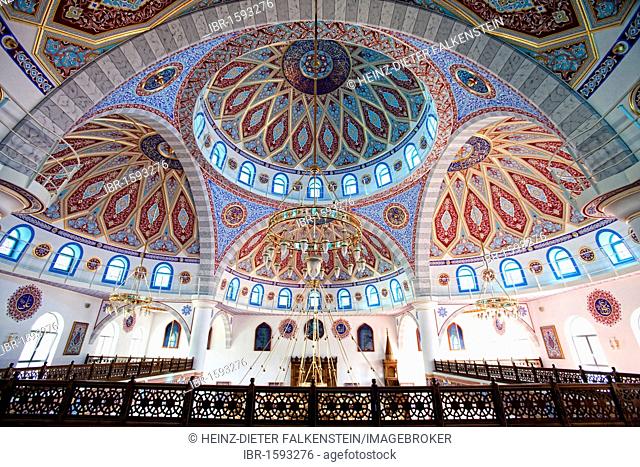 Interior of the Ditib Merkez Mosque, Germany's largest mosque, Duisburg-Marxloh, North Rhine-Westphalia, Germany, Europe