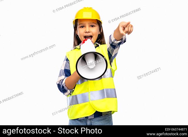 little girl in helmet talking to megaphone