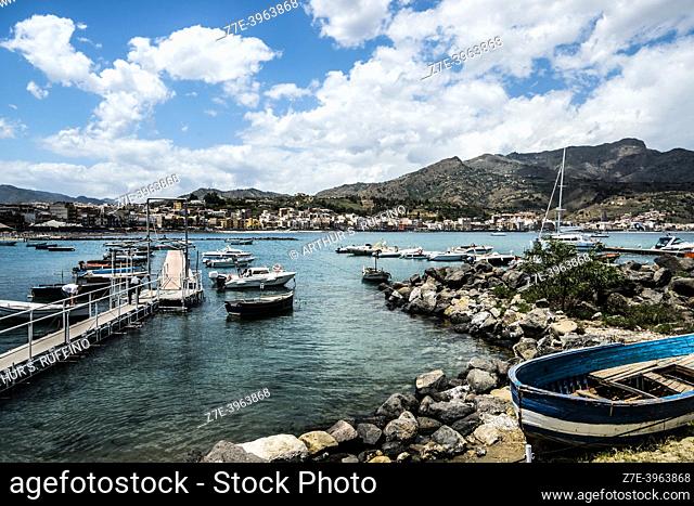 Marina, coastline. Giardini Naxos, Metropolitan City of Messina, Sicily, Italy