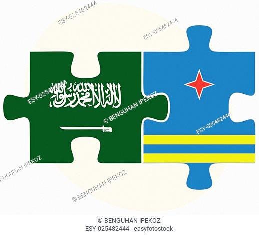 Saudi Arabia and Aruba Flags in puzzle isolated on white background