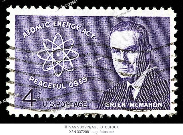 Brien McMahon (1903-1952), American lawyer, US Senator, Atomic Energy Act, 1946, McMahon Act, postage stamp, USA, 1962