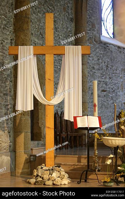 Cross. Holy Week. St. John the Baptist Church. Megeve. Haute-Savoie. Auvergne Rhône-Alpes. France. Europe