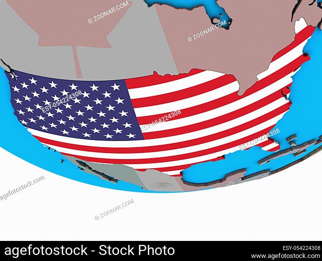 United States with embedded national flag on simple political 3D globe. 3D illustration