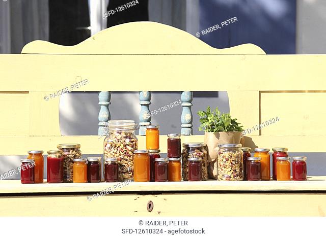 Various jam jars and crunchy muesli