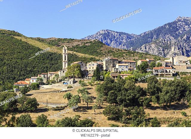 Village of Piana with mountains in the background, Southern Corsica, France