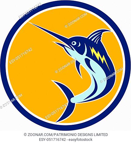 Illustration of a blue marlin fish jumping viewed from side set inside circle on isolated background done retro style