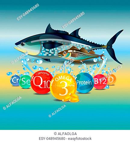 The basis of a healthy diet. Seafood - fish and microelements. Colorful background with splashes of water