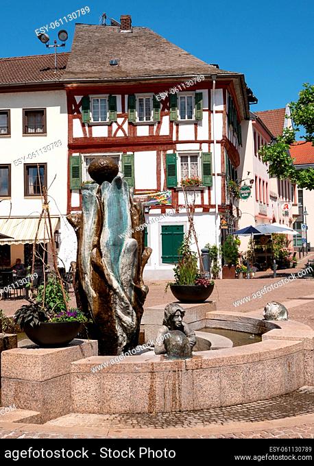 BAD SOBERNHEIM, GERMANY - JUNE 25, 2020: Close up image of the fountain on the market square of Bad Sobernheim on June 25, 2020 in Germany