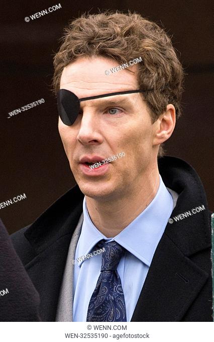 Benedict Cumberbatch wearing an eye patch while filming 'Melrose' in Glasgow, which doubles as 1982 New York in the series adapted from the Patrick Melrose...