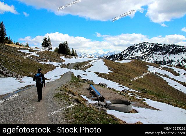 Young man on hike to Eschenloher Kuhalm, Estergebirge, Germany, Upper Bavaria, mountains, mountain landscape, Bavaria, Werdenfels, destination, mountain range