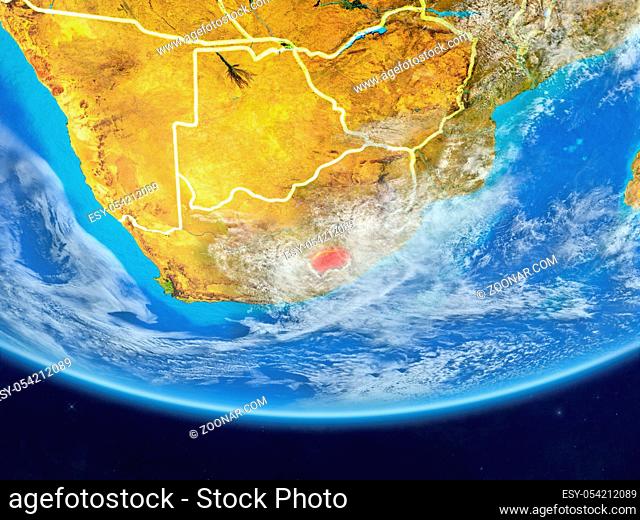 Lesotho on realistic model of planet Earth with country borders and very detailed planet surface and clouds. 3D illustration