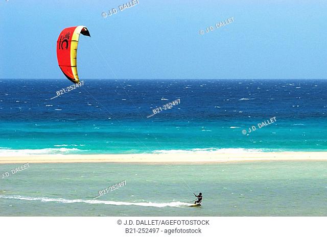 Kite surfing at Los Gorriones beach. Fuerteventura, Canary Islands. Spain